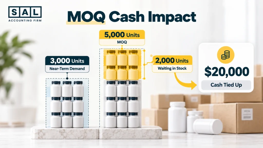 MOQ working capital infographic showing how minimum order quantities create excess inventory and cash tied up in supplement stock