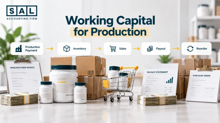 Working capital for supplement production showing inventory, manufacturing payments, cash flow timing, and reorder planning
