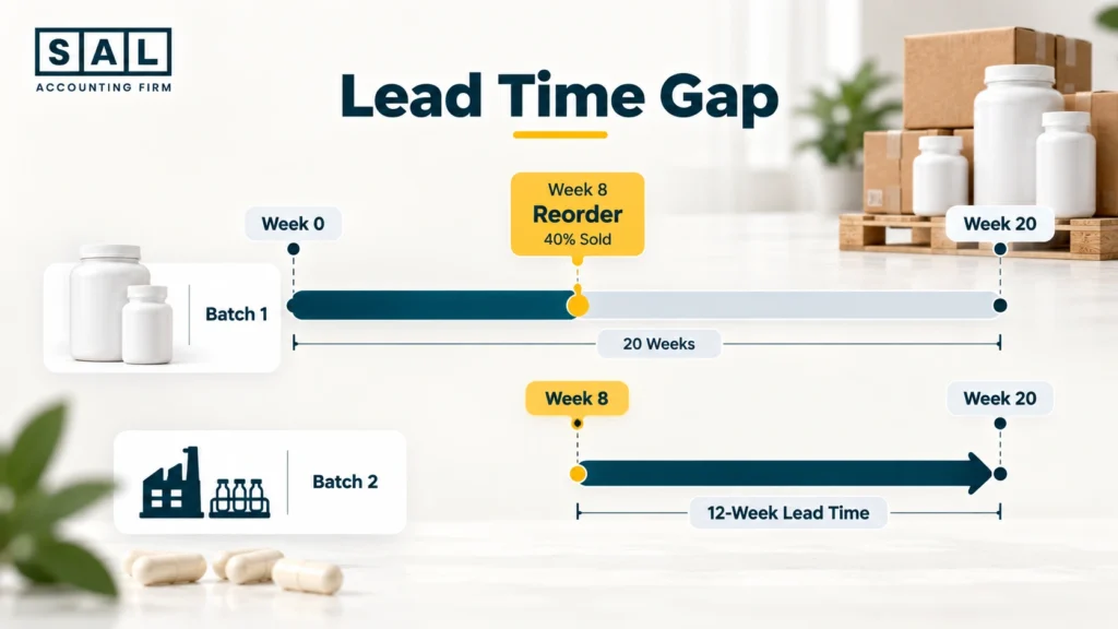 Supplement production lead time infographic showing reorder timing, inventory sell-through, and cash committed before stock runs out