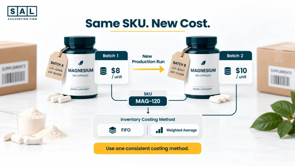 Inventory quantity and value roll-forwards showing how supplement units and accounting value move together