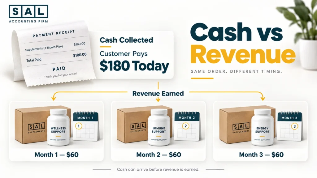 Prepaid supplement subscription showing 0 collected upfront and revenue recognized across three monthly shipments