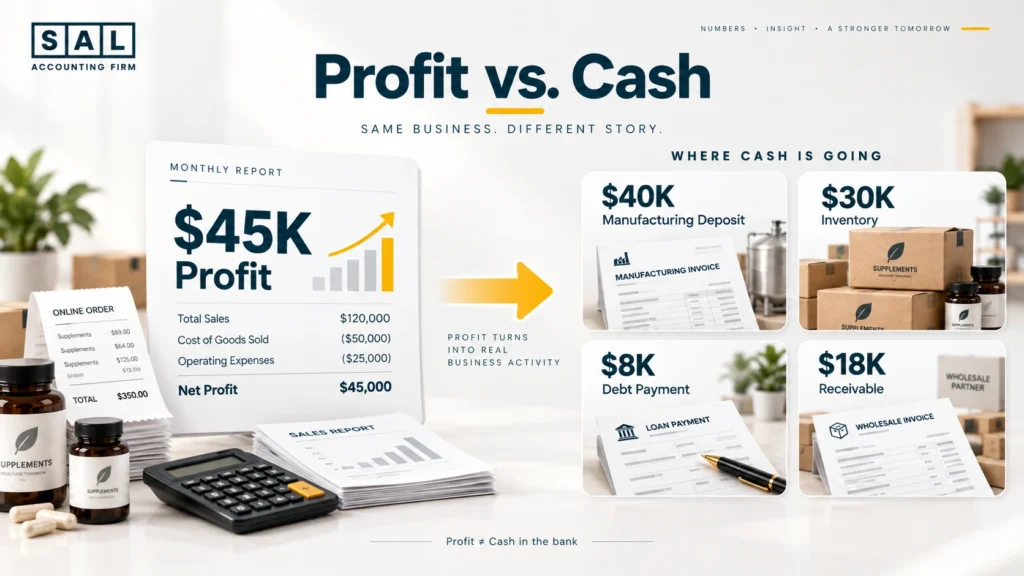 Example showing how a profitable supplement ecommerce business can still have cash tied up in inventory, manufacturing and receivables