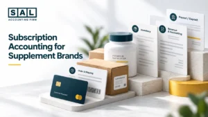 Subscription accounting for an online supplement brand showing recurring payments, shipments, inventory, and payouts