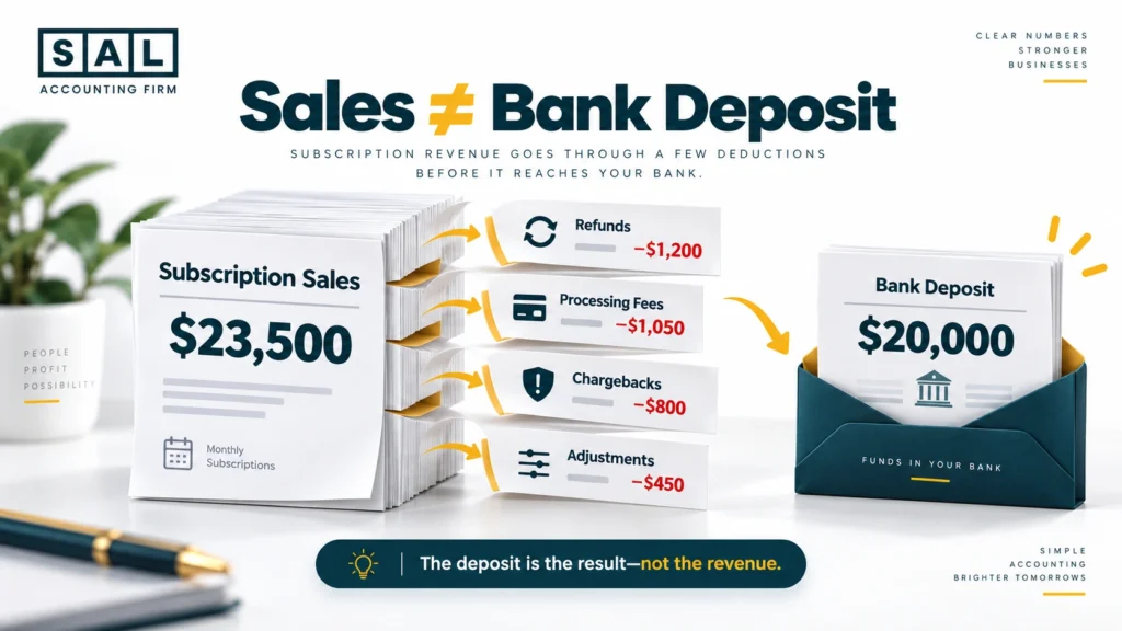 Subscription refunds, cancellations, failed payments, chargebacks, and skipped orders shown as separate accounting adjustments