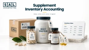 Supplement ecommerce inventory accounting showing quantity, location, status, cost, and inventory value