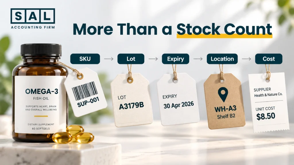 Supplement inventory tracking by SKU, lot, expiry date, location, and cost