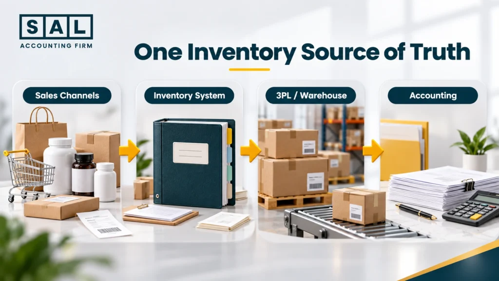 Inventory flow connecting ecommerce sales channels, inventory software, 3PL warehouse, and accounting
