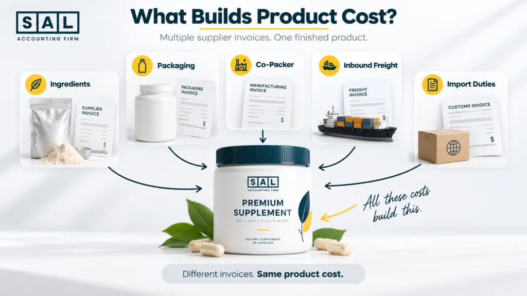 Supplement product cost built from ingredients, packaging, co-packer charges, inbound freight, and import duties