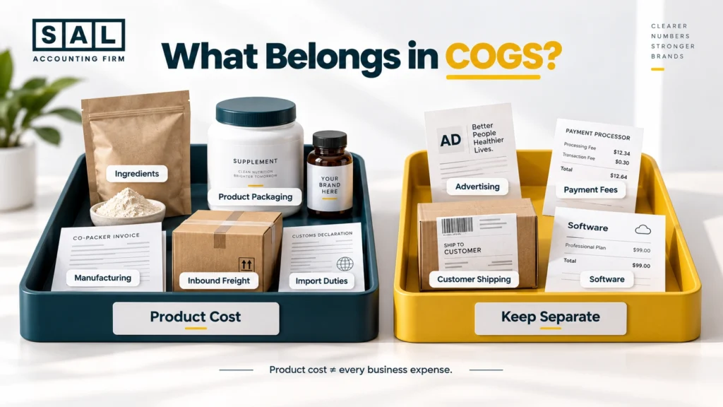 Supplement ecommerce COGS showing which costs belong in product cost and which expenses stay separate