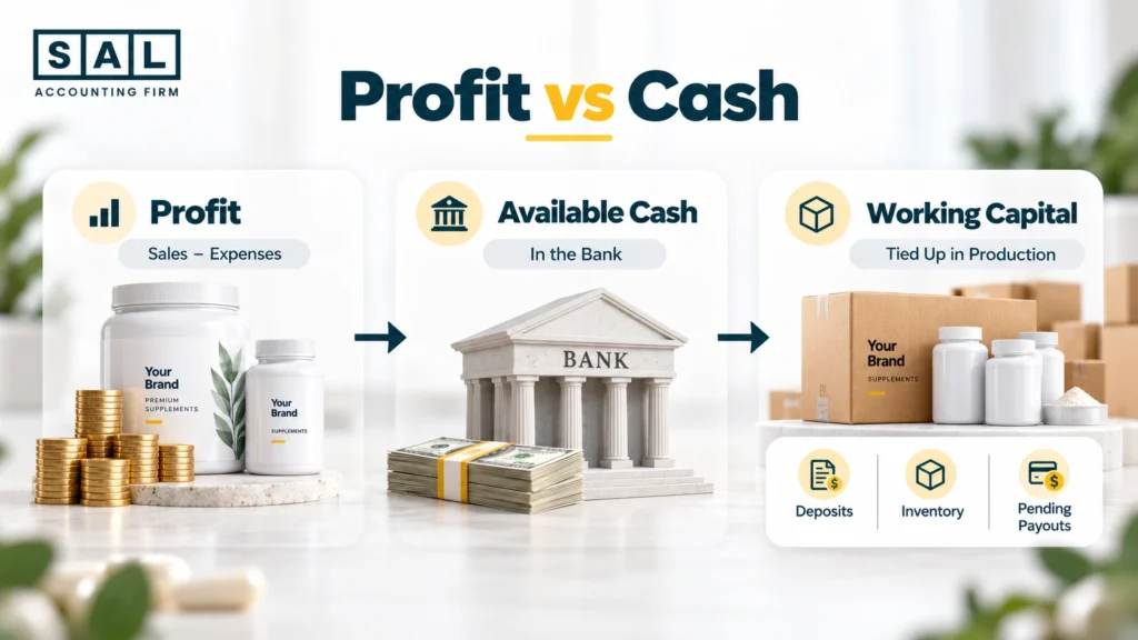 Profit vs cash infographic showing how supplement businesses can be profitable while cash is tied up in production and inventory