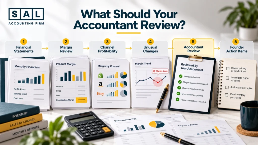 Monthly financial report package for an online supplement brand, with an accountant’s review notes on margins