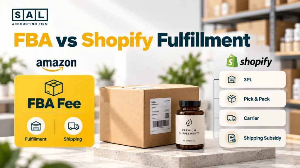 Alt text: One FBA fee for an Amazon order compared with separate 3PL, carrier, and shipping subsidy costs for a Shopify order