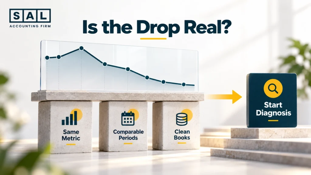 Infographic showing the three checks to confirm a supplement profit margin drop is real: same metric, comparable periods, and clean books