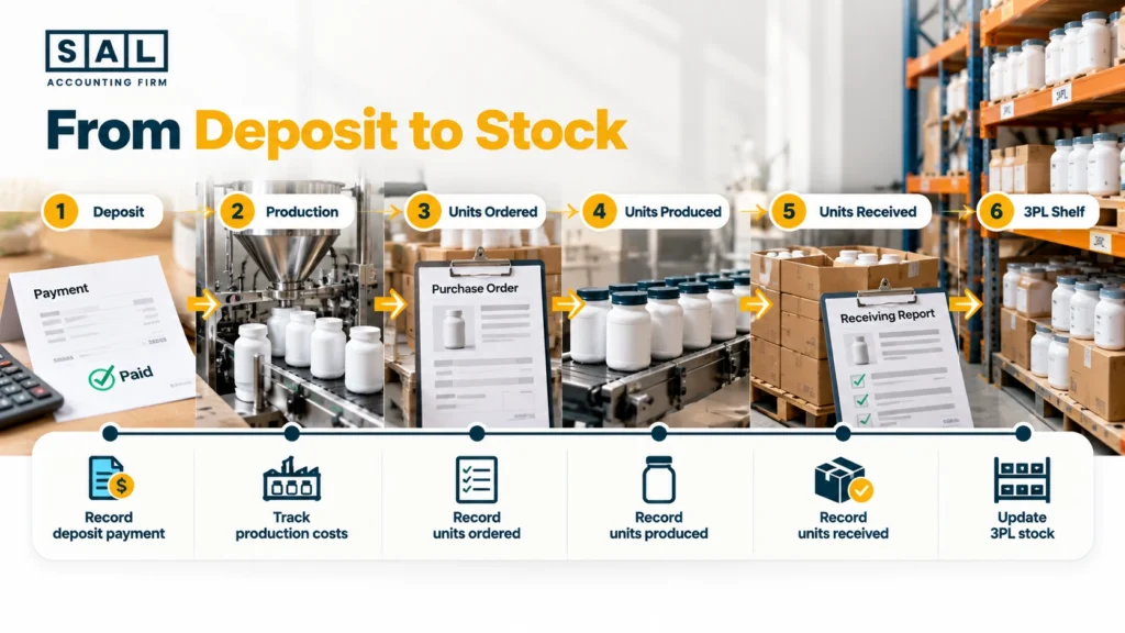 Supplement production accounting infographic showing the flow from manufacturing deposit to production, units produced, units received, and inventory at a 3PL