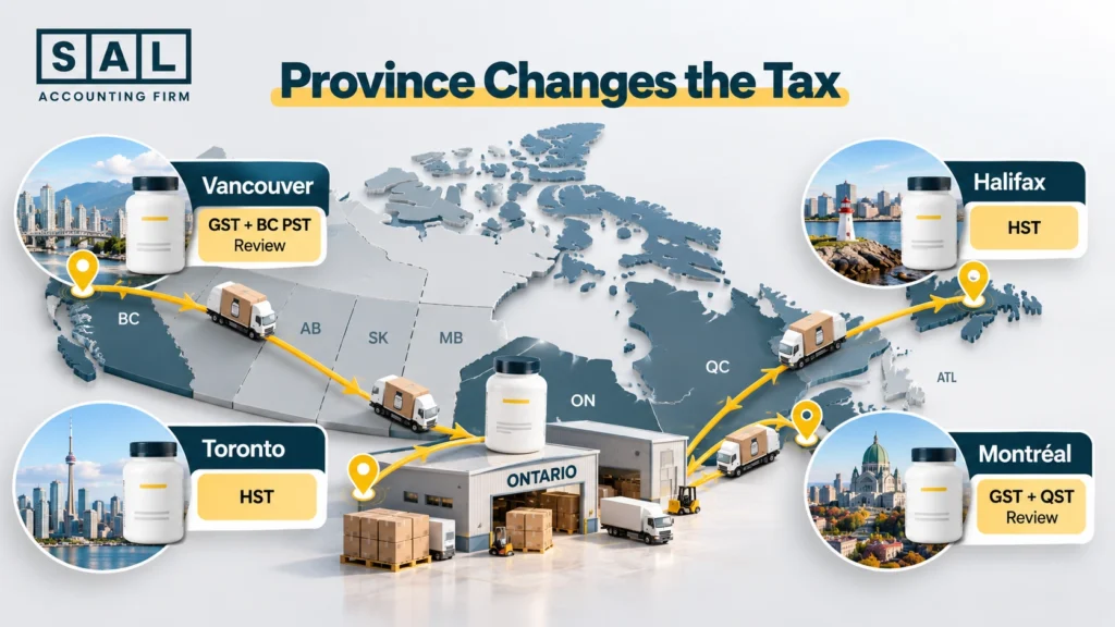 Canadian sales tax for online supplement sellers showing supplement orders shipped across Canada with GST HST QST PST and RST considerations