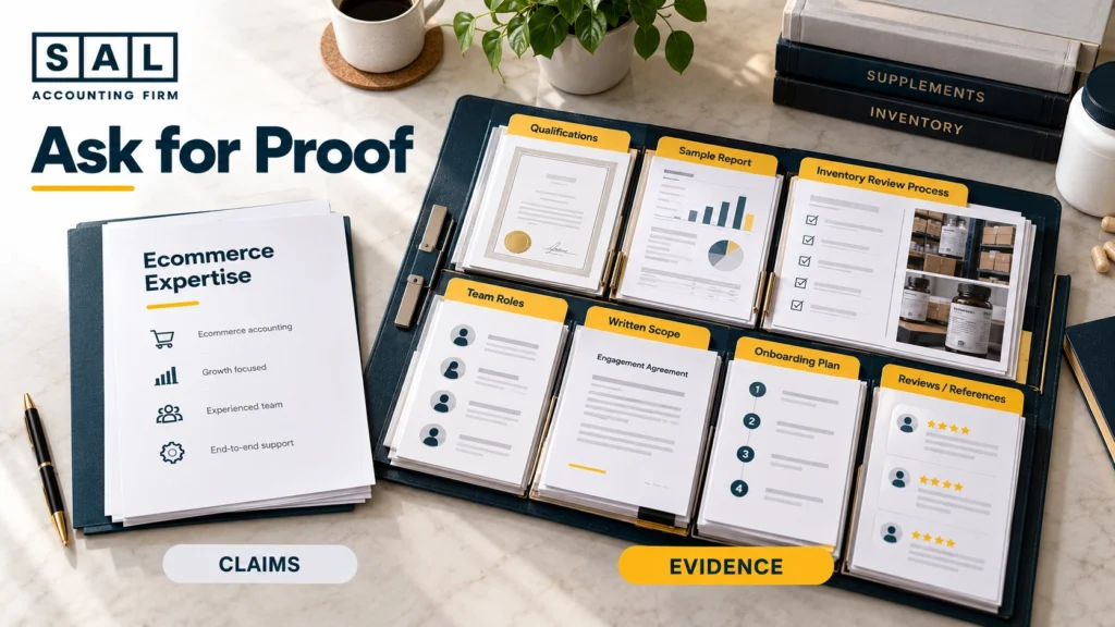 Evidence to request from an ecommerce accountant: qualifications, sample report, review process, team roles, written scope