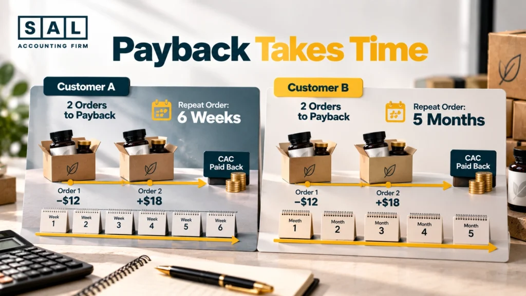 CAC payback for an online supplement customer, comparing reorders every 6 weeks with reorders every 5 months