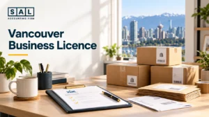 Home workspace with packed online orders, showing a Vancouver business licence for a home-based online store