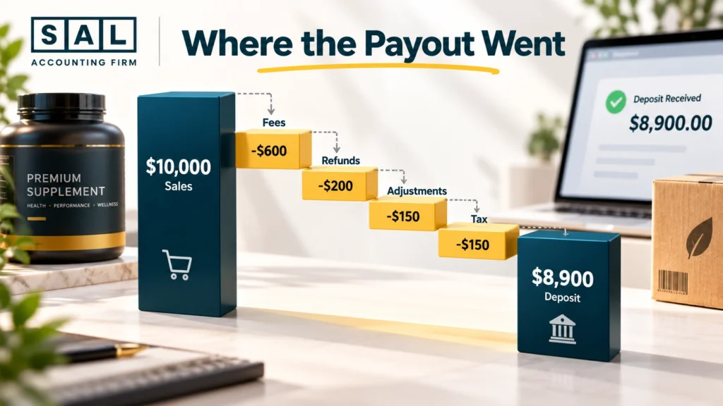 Ecommerce payout reconciliation infographic showing ,000 in sales reduced by fees, refunds, and adjustments to an ,900 bank deposit