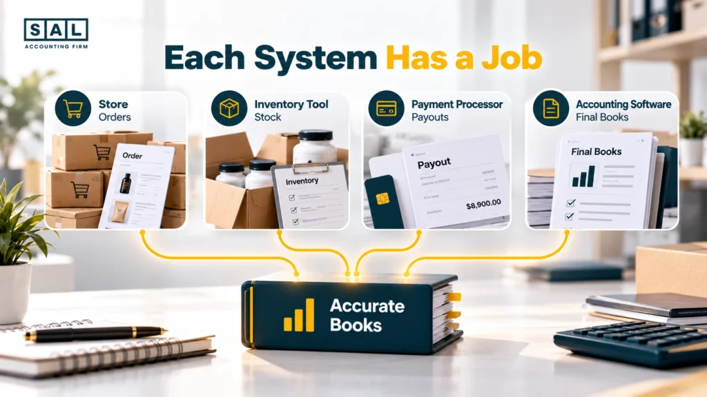 Ecommerce bookkeeping infographic showing store orders, inventory records, payment processor payouts, and accounting software feeding into final reconciled books