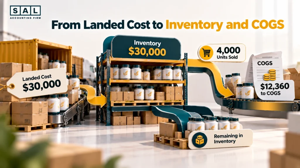 Flow of ,000 landed cost into supplement inventory, with ,360 moving to COGS as 4,000 units sell