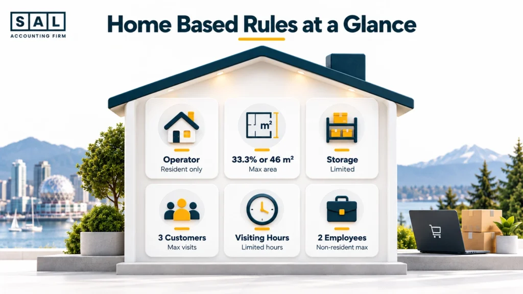 Vancouver home-based business rules: 33.3% or 46 m² space limit, 3 customers, visiting hours, and 2 employees
