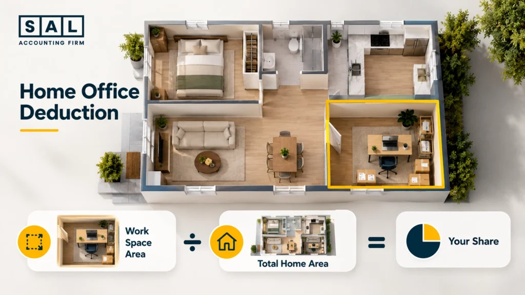Home floor plan with the store’s work space highlighted, showing work space area divided by total home area