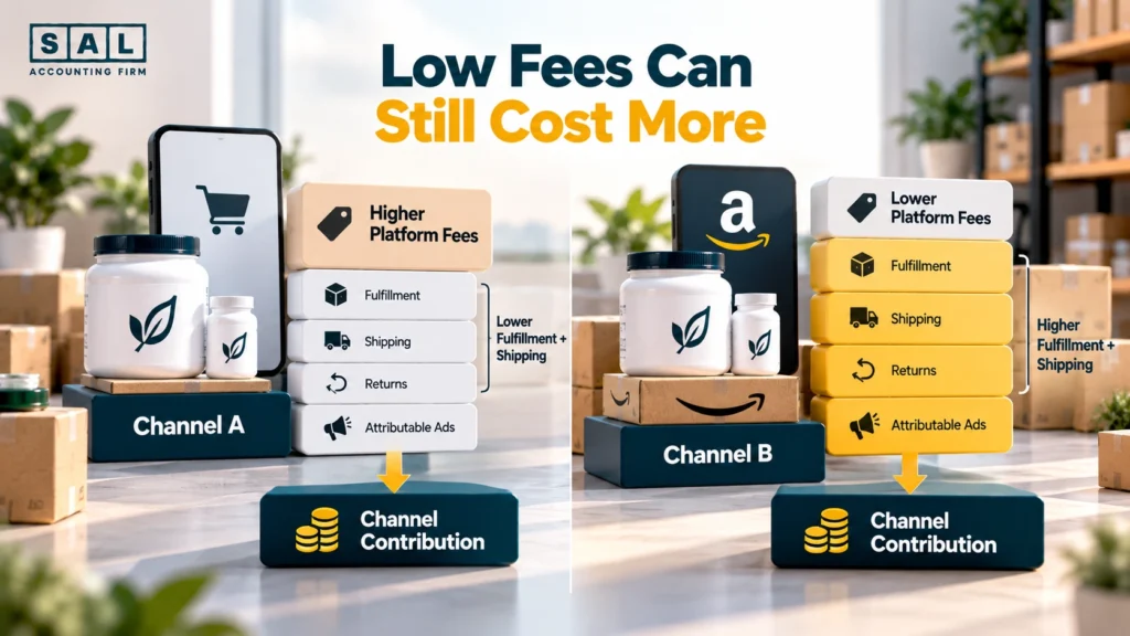 Two ecommerce channels compared: one with higher platform fees, one with higher shipping and fulfillment costs