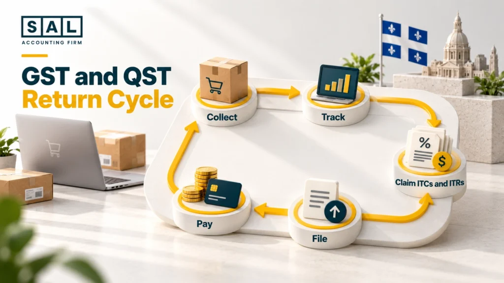 GST and QST cycle for a Montreal online store: collect, track, claim ITCs and ITRs, file, and pay