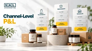 Channel-level P&L for a supplement ecommerce brand, comparing Shopify, Amazon, and wholesale contribution