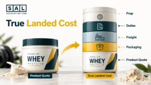 Supplement tub with stacked cost layers showing how to calculate landed cost for an online supplement business