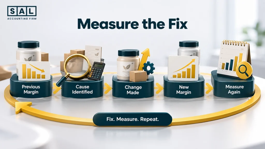 1. Infographic showing the margin improvement cycle from previous margin to cause identified, change made, new margin, and measuring again