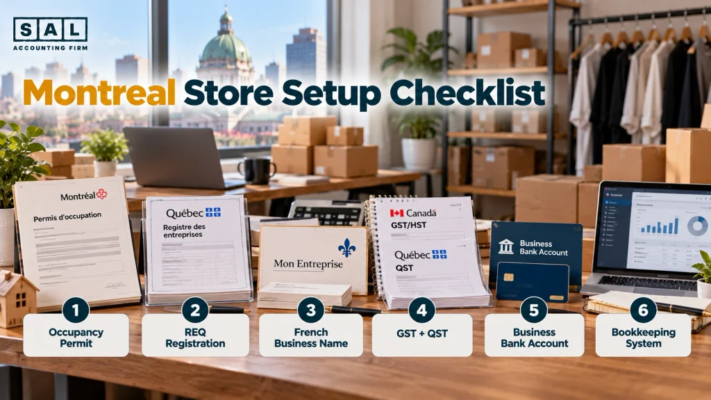 Montreal online store setup checklist: occupancy permit, REQ registration, French name, GST and QST, bank account