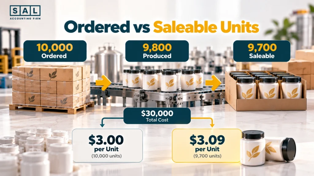 Funnel from 10,000 ordered to 9,700 saleable supplement units, raising landed cost from .00 to .09 per unit