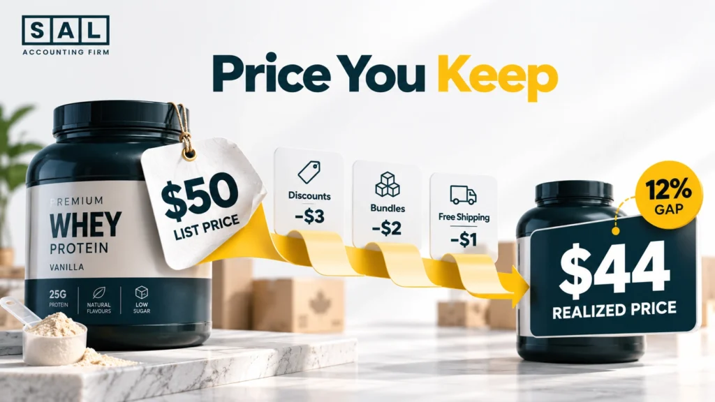 Infographic showing a supplement list price falling to a realized price after discounts, bundles, and free shipping