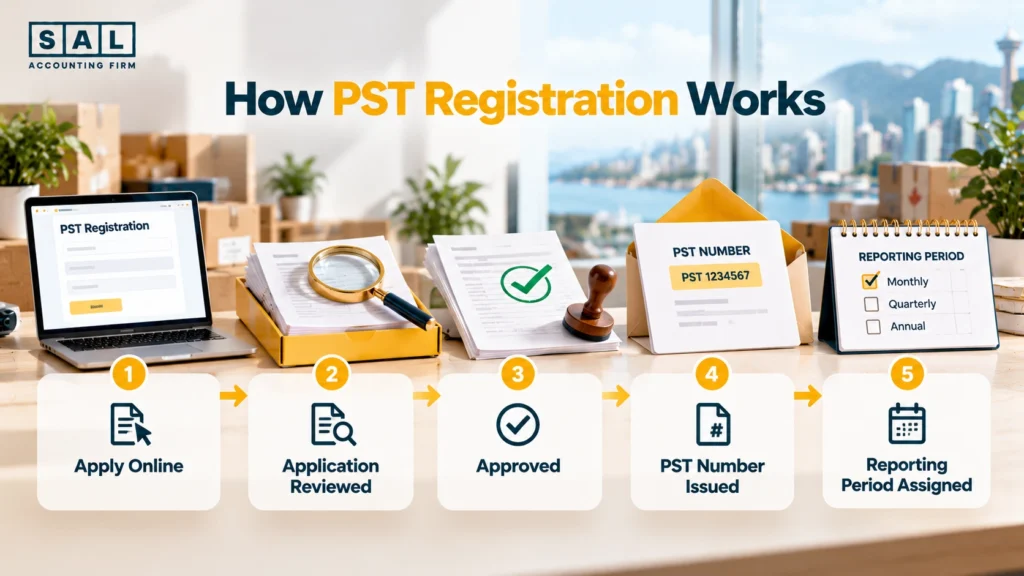PST registration steps: apply online, get approved, receive a letter with your PST number and reporting period