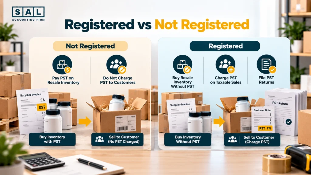 Registered vs not registered for PST: paying PST on inventory compared with buying for resale and charging PST on sales