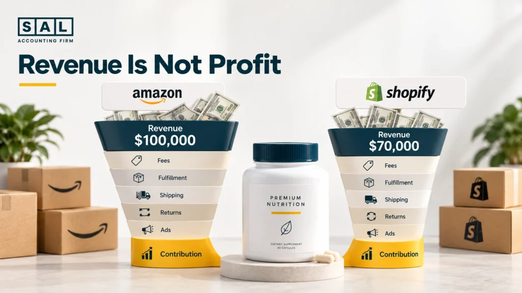 Alt text: Bar chart showing higher Amazon revenue than Shopify, with contribution after channel costs shown as a smaller share of each