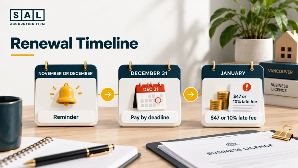 Vancouver business licence renewal timeline: reminder in November or December, pay by December 31, late fee after