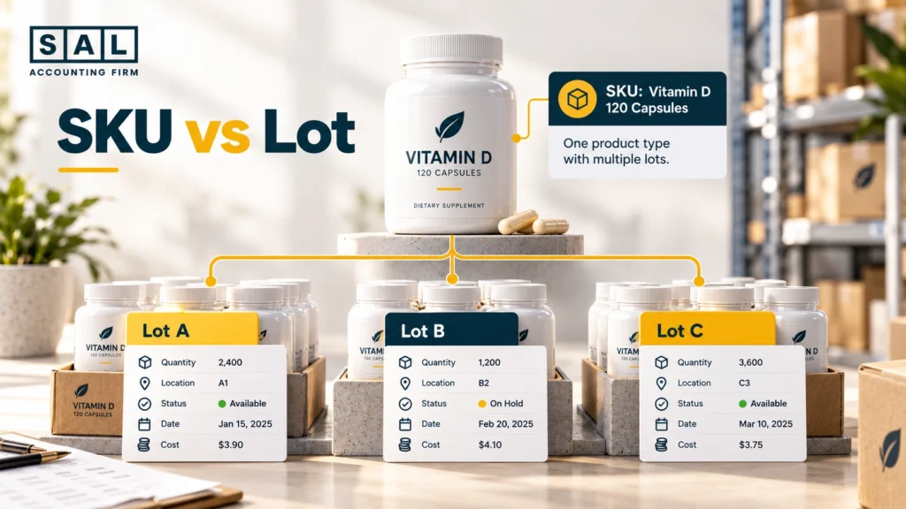 One supplement SKU split into several production lots, each with its own quantity, location, status, and cost