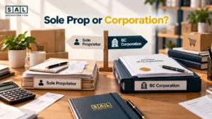 Surrey online store owner’s desk comparing a sole proprietorship and a BC corporation structure