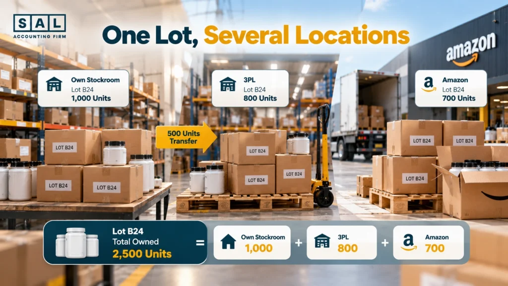 One supplement lot moving between a 3PL, Amazon, and the brand’s own stockroom, with each movement recorded