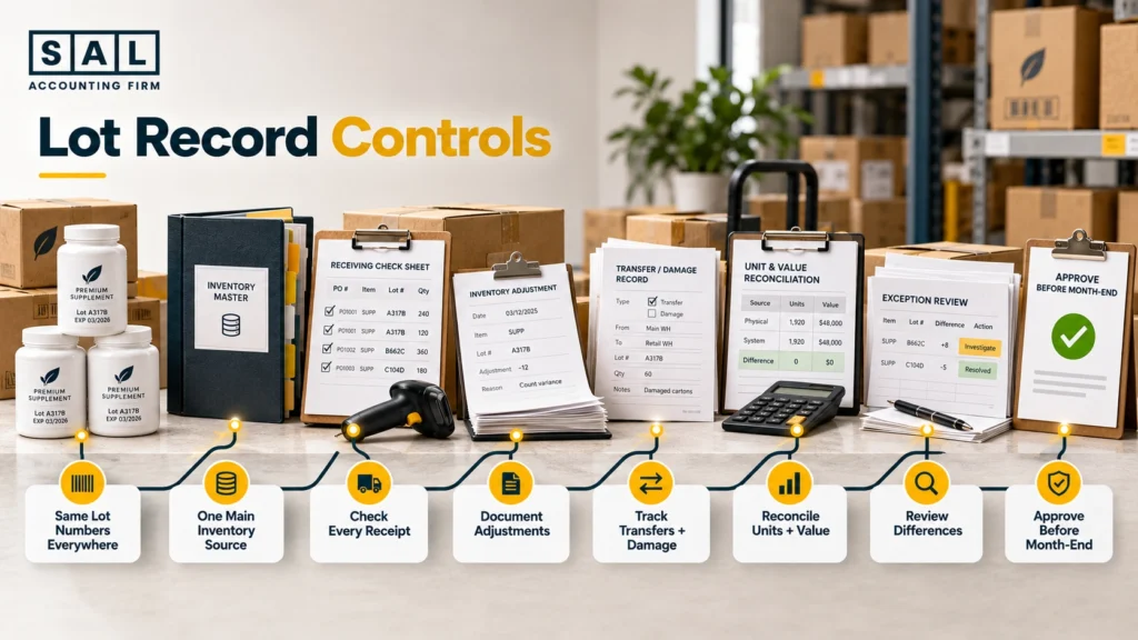 Checklist of controls that keep supplement lot records and accounting consistent, from receiving checks to month-end approval