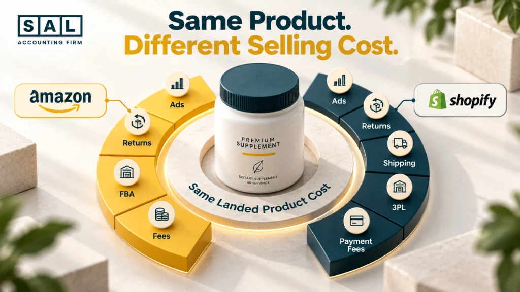 Alt text: One supplement tub with the same landed product cost, splitting into different selling costs for Amazon and Shopify
