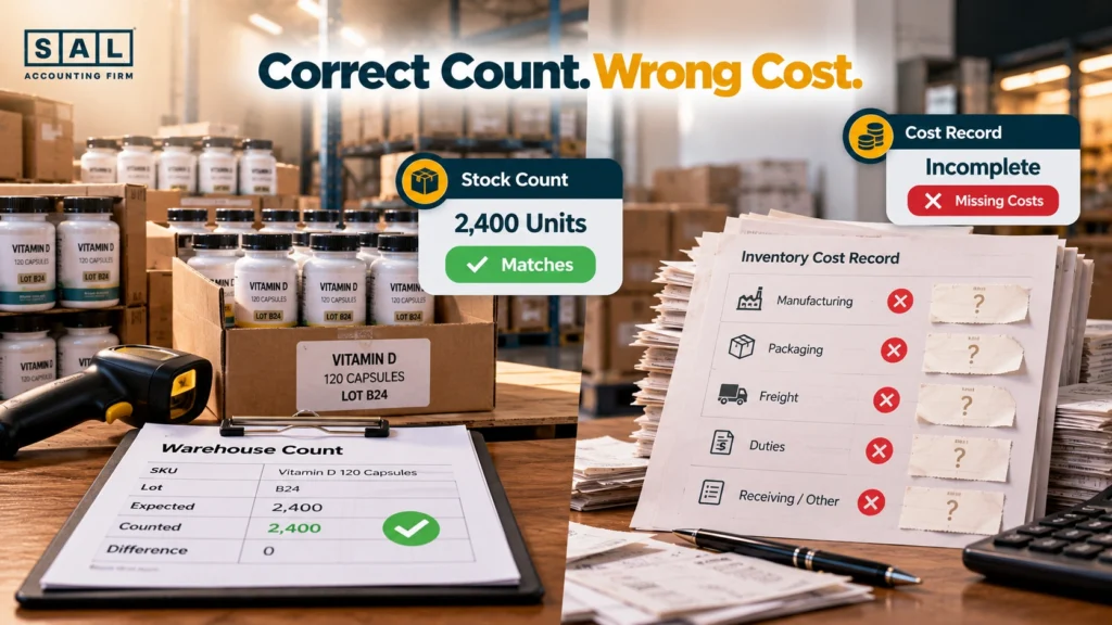A matching supplement stock count next to an incomplete cost record, showing correct units but the wrong inventory value