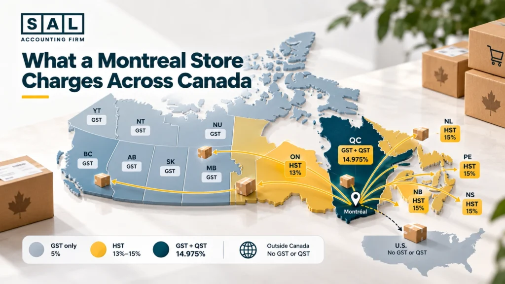 Map of Canada showing the GST, QST, or HST a Montreal online store charges in each province