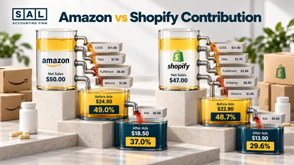 Alt text: Two waterfall charts showing one supplement SKU’s contribution on Amazon and Shopify, before and after advertising