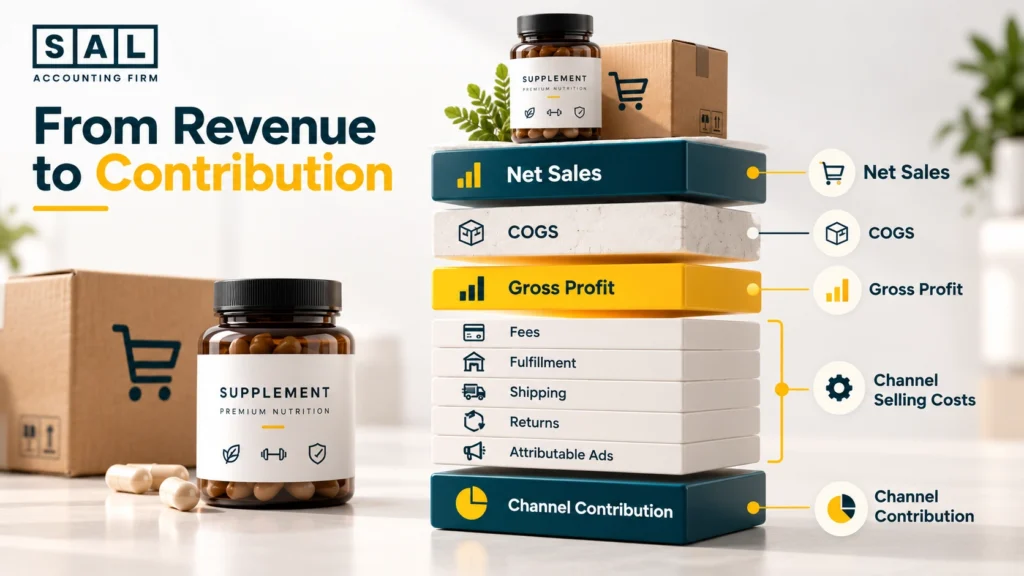 Channel P&L flow for an online supplement brand: net sales, minus COGS, minus selling costs, equals channel contribution