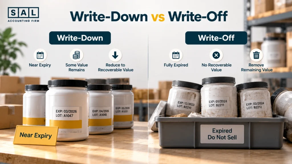 Checklist of records for a supplement inventory write-off: lot number, expiry date, quantity, cost, approvals, disposal
