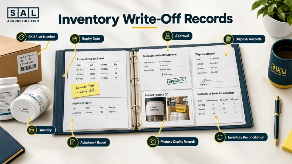 Checklist of records for a supplement inventory write-off: lot number, expiry date, quantity, cost, approvals, disposal